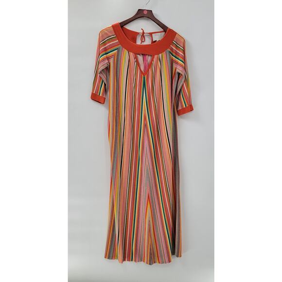 VTG Sears 70s Multicolor Striped House Coat Small Orange Robe Keyhole Back - Picture 2 of 16
